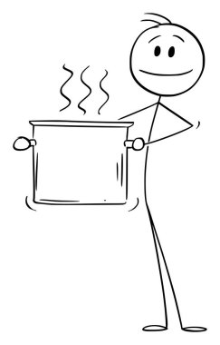 Cook or Chef Holding Big Pot of Boiling Food or Water, Vector Cartoon Stick Figure Illustration