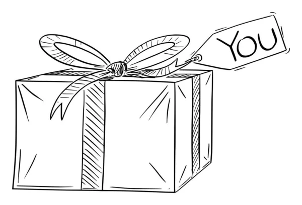 Christmas or Birthday Gift Box or Present with You Tag, Vector Cartoon Stick Figure Illustration — Image vectorielle