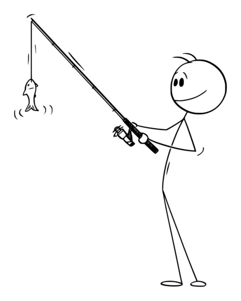 Fisherman Holding Rod and Fishing Small Fish , Vector Cartoon Stick Figure Illustration —  Vetores de Stock