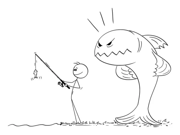 Fisherman Holding Rod with Small Fish, Big Angry Fish Threatening Him , Vector Cartoon Stick Figure Illustration — Stok Vektör