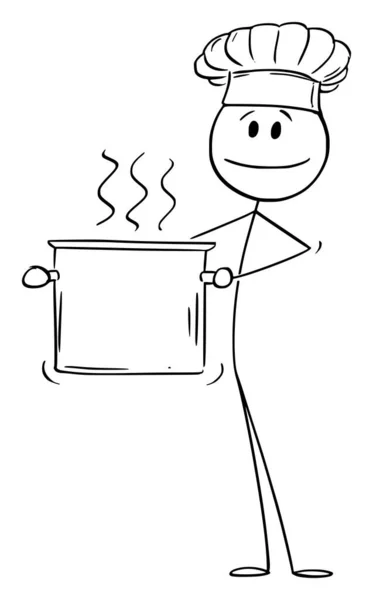 Cook or Chef in Hat Holding Big Pot of Boiling Food or Water, Vector Cartoon Stick Figure Illustration — Vetor de Stock