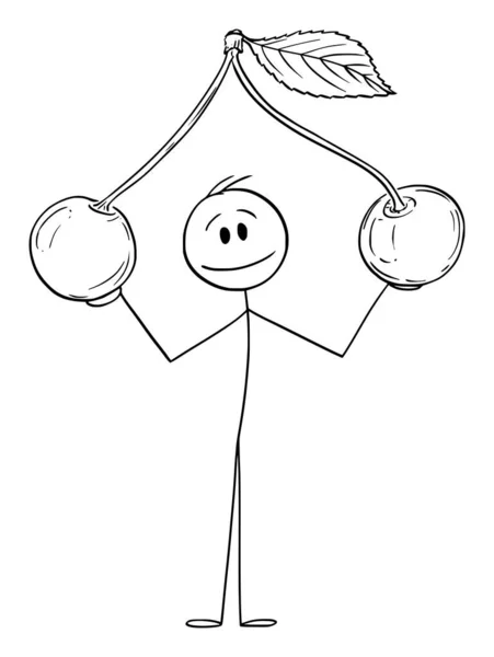 Osoba trzymająca dwa duże owoce wiśni, Wektor Cartoon Stick Rysunek ilustracja — Wektor stockowy
