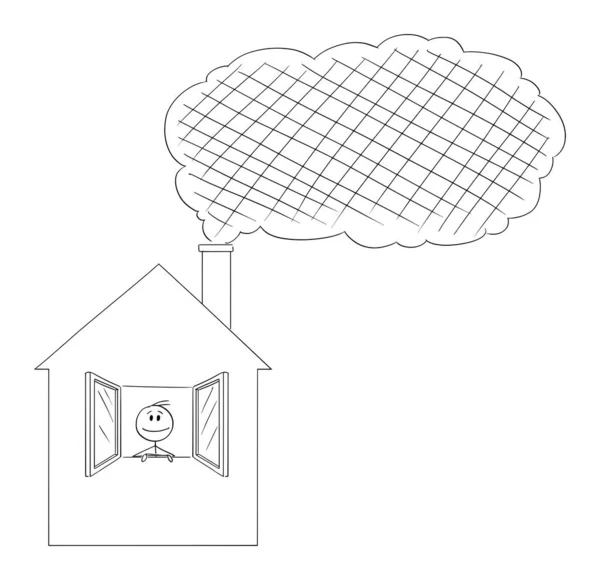 Fumaça que vem da chaminé da casa da família, ilustração da figura da vara dos desenhos animados do vetor — Vetor de Stock