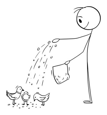 Person Feeding Birds or Pigeons, Vector Cartoon Stick Figure Illustration