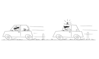 Police Patrol Car with Flashing Light Chasing Criminal, Vector Cartoon Stick Figure Illustration