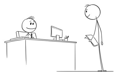 Person Walking to Boss, State Servant, Office Worker or Officer, Vector Cartoon Stick Figure Illustration