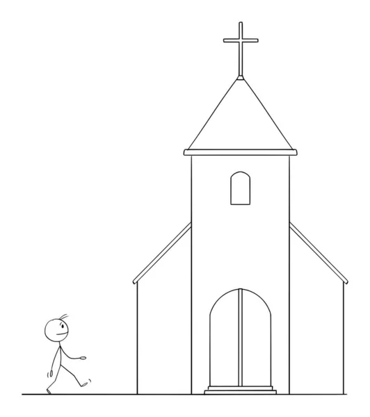 Person Going to Church, Christianity and Faith Concept , Vector Cartoon Stick Figure Illustration — Stok Vektör