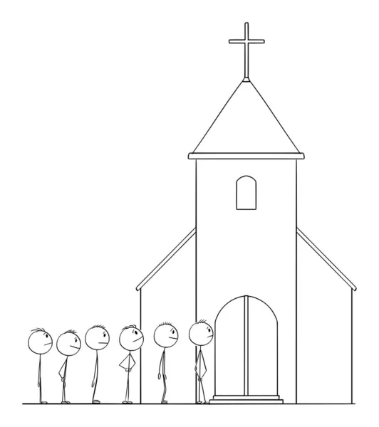 Orang-orang Menunggu di Depan Gereja, Kristen dan Iman Konsep, Vektor Kartun Stick Gambar Ilustrasi - Stok Vektor