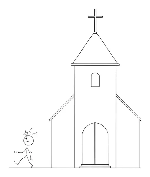 Angry Person Leaving the Church, Christianity and Faith Concept, Vector Cartoon Stick Figure Illustration — Stok Vektör