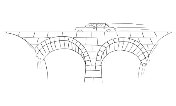 Car Moving Across the Bridge, Vector Cartoon Stick Figure Illustration — Vettoriale Stock