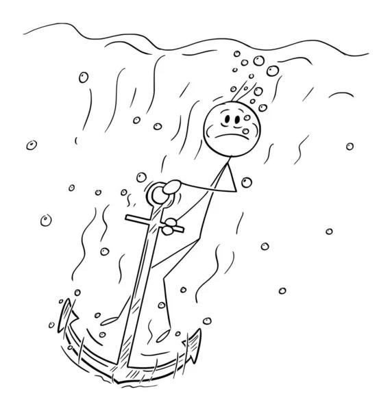 Person or businessman Sinking With Heavy Anchor, Vector Cartoon Stick Figure Illustration — Stok Vektör