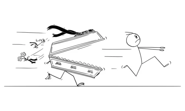 Person Running in Fear, Coffin as Death Symbol Chasing Him, Vector Cartoon Stick Figure Illustration — стоковий вектор