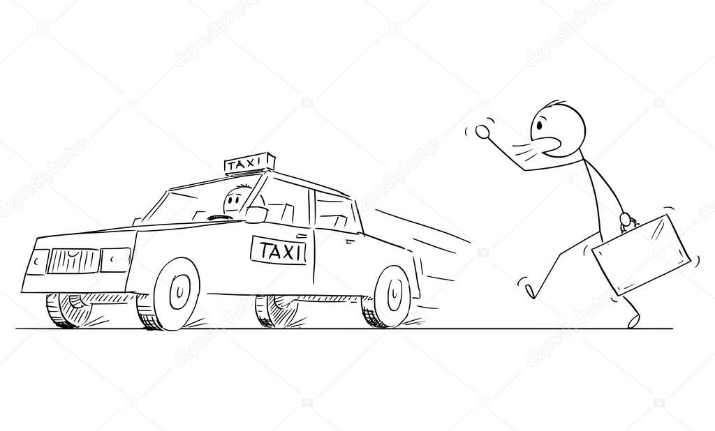 Person, Businessman or Tourist Calling Taxi Car, Vector Cartoon Stick Figure Illustration