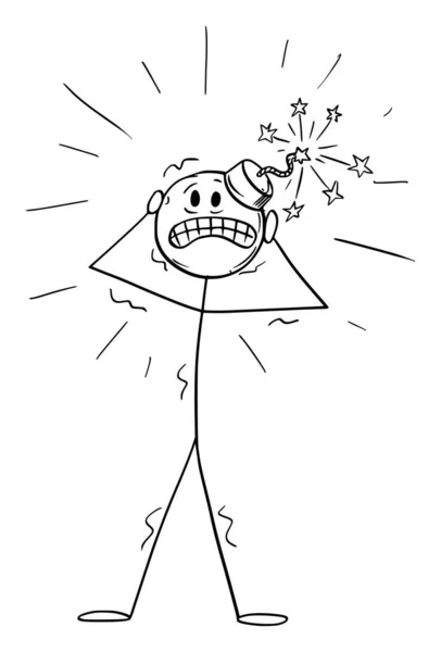Persoon met bom als hoofd, hoofdpijn of stress, vectorcartoon-stickfiguur Illustratie — Stockvector