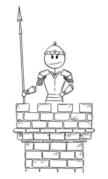 Soldaat Guard Bewaking op Castle Tower, Vector Cartoon Stick Figuur Illustratie — Stockvector