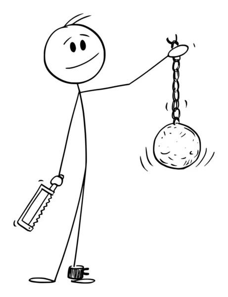 Persona quitó la bola y la cadena de su pierna, escapó por la libertad Vector Dibujos animados Stick Figura Ilustración — Vector de stock