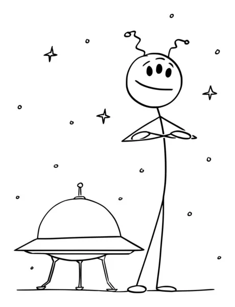 Cute Friendly Alien stoi przed statkiem kosmicznym UFO, Wektor Cartoon Stick ilustracja rysunek — Wektor stockowy