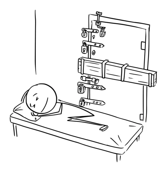 Pessoa dormindo seguro com fechaduras na porta, ilustração da figura da vara dos desenhos animados do vetor — Vetor de Stock