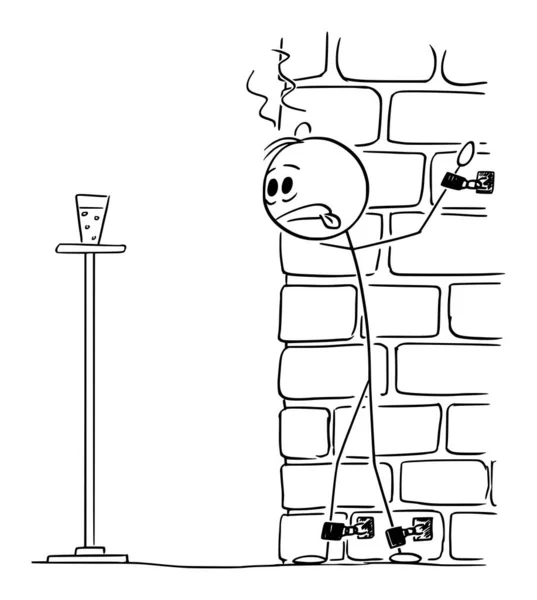 Persona encadenada que sufre sed, comida, bebida e hidratación, ilustración de la figura del palillo de dibujos animados del vector — Archivo Imágenes Vectoriales