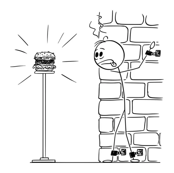 Прикованный к цепи человек, страдающий от голода, глядя на бургер, векторный мультфильм — стоковый вектор