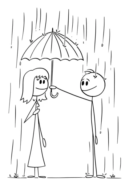 Caballero simpático con paraguas ayuda a la mujer en la lluvia, ilustración de la figura del palillo de la historieta del vector — Archivo Imágenes Vectoriales