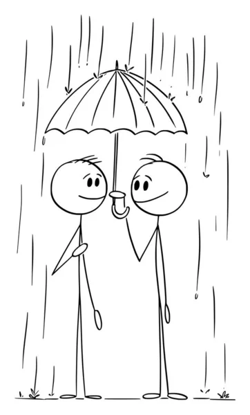 Duas Pessoas ou Empresários Compartilhar Guarda-chuva, Parceria ou Cooperação, Vector Cartoon Stick Figura Ilustração —  Vetores de Stock