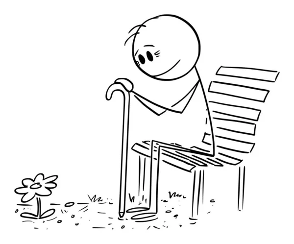 Persona vieja sentada en el banco del parque y mirando la flor que florece, ilustración de la figura del palillo de la historieta del vector — Vector de stock