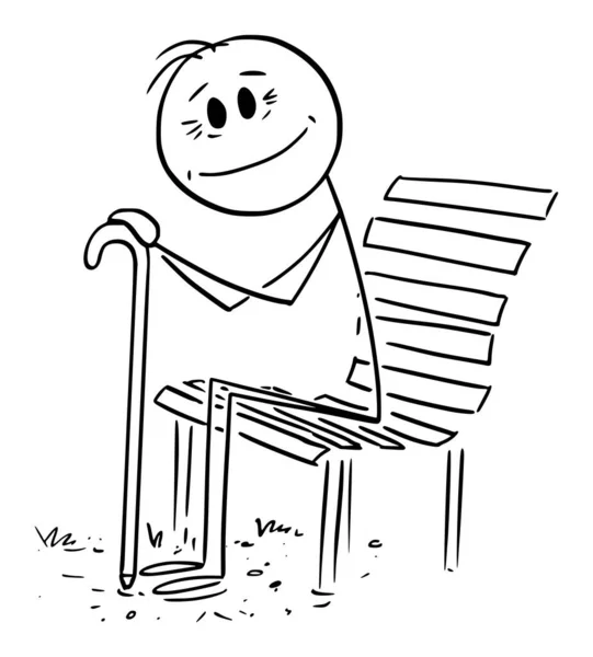 Old Person Sitting on Park Bench and Smiling , Vector Cartoon Stick Figure Illustration - Stok Vektor