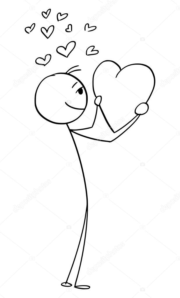 Loving Person Holding Big Heart and Thinking on Love , Vector Cartoon Stick Figure Illustration