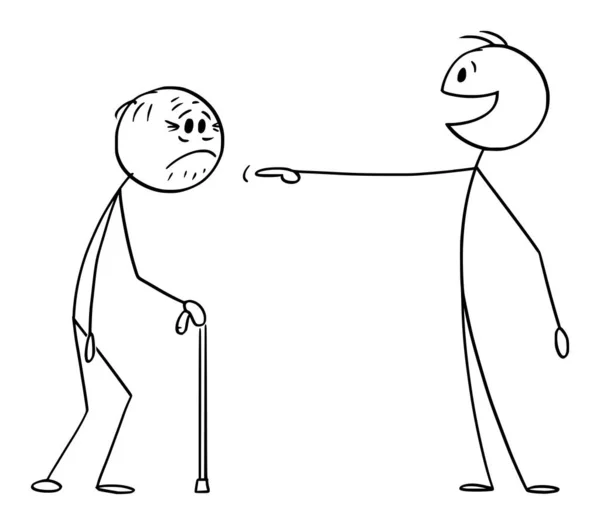 Jeune se moquant ou se moquant d'une personne âgée, riant et pointant du doigt un aîné, illustration vectorielle d'un bâton de bande dessinée — Image vectorielle