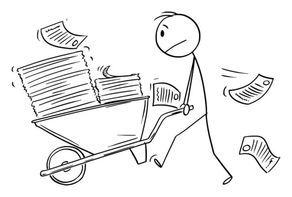 Homme d'affaires poussant la pile de documents sur brouette, illustration vectorielle de figure de bâton de bande dessinée — Image vectorielle