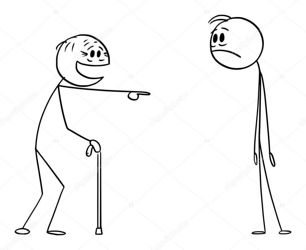 Senior or Old Person Mocking or Ridiculing Young Person, Laughing and Pointing, Vector Cartoon Stick Figure Illustration