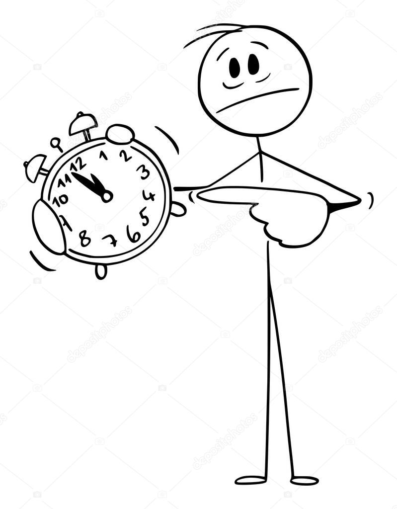Frustrated Person Holding and Pointing at Alarm Clock, Vector Cartoon Stick Figure Illustration