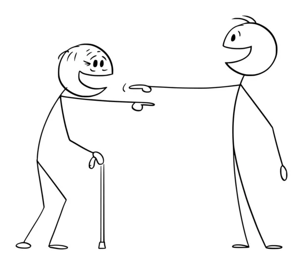Junger und alter Mensch lachen einander oder zusammen, Vector Cartoon Stick Figure Illustration — Stockvektor