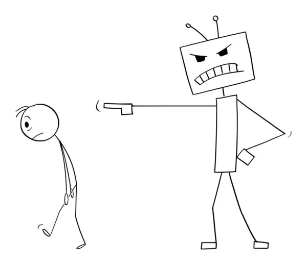 Roboter oder künstliche Intelligenz oder KI, die Menschen vertreibt, Vektor Cartoon Stick Figure Illustration — Stockvektor