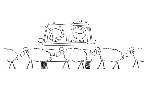 Autista e passeggero in auto si addormentano mentre le pecore attraversano la strada, illustrazione della figura del fumetto vettoriale — Vettoriale Stock