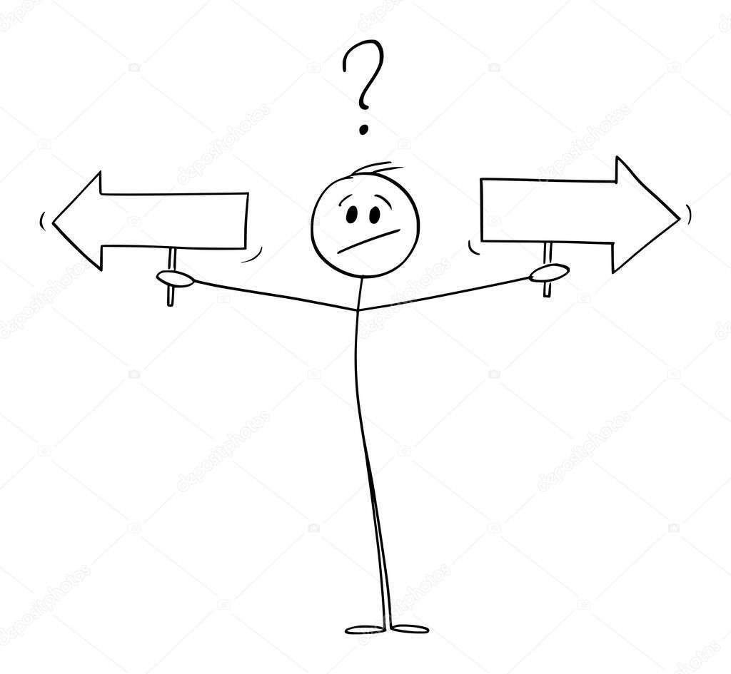 Person or Businessman Holding Two Arrows, Vector Cartoon Stick Figure Illustration