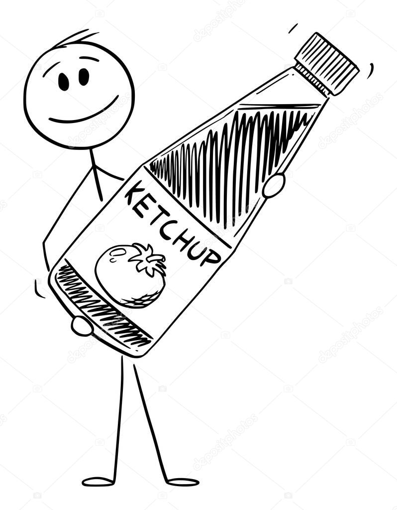 Person Holding Ketchup Bottle, Vector Cartoon Stick Figure Illustration