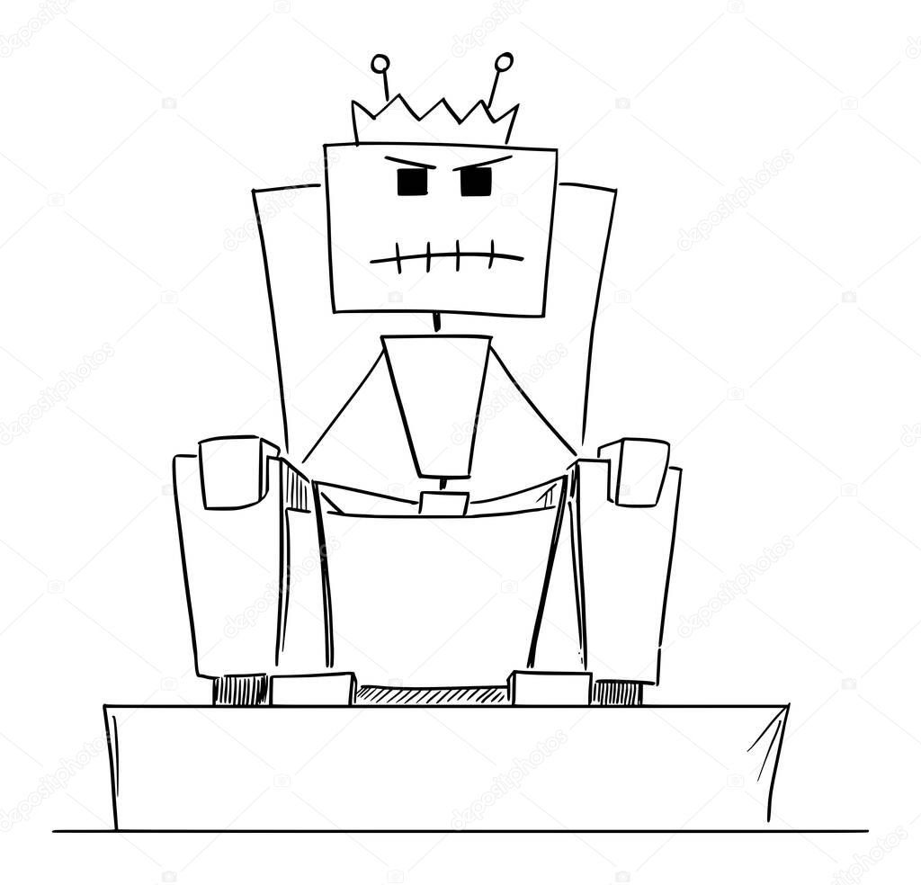 Robot, AI or Artificial Intelligence Sitting on Throne as King, Vector Cartoon Stick Figure Illustration