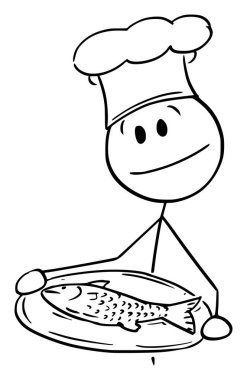 Balıklı Aşçı Tutma Tepsisi, Vektör Çizgi Film Şekil Çizimi