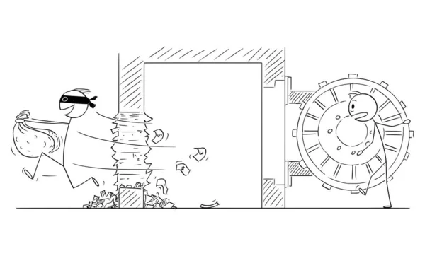 Ladrão deixando banco seguro com sacos de dinheiro, vetor desenho animado vara figura ilustração — Vetor de Stock