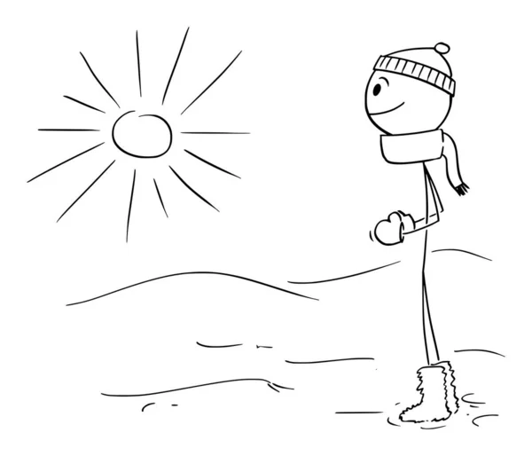 Persona en invierno observando el sol, ilustración de la figura del palillo de la historieta del vector — Vector de stock