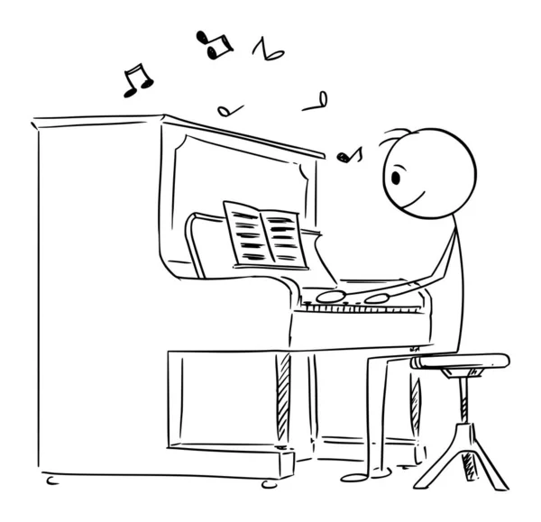 Pianista, músico o persona que toca la música del piano, ilustración de la figura del palillo de la historieta del vector — Vector de stock