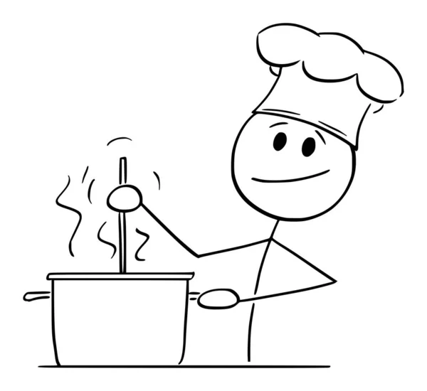 Cozinhe alimentos de cozinha em panela, vetor Cartoon Stick Figura Ilustração — Vetor de Stock