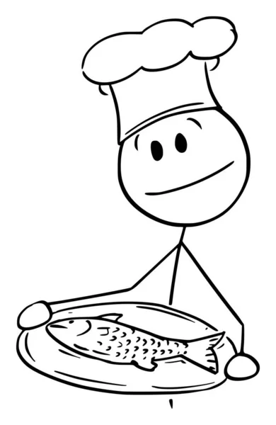 Cook Holding Tray with Fish , Vector Cartoon Stick Figure Illustration — 스톡 벡터