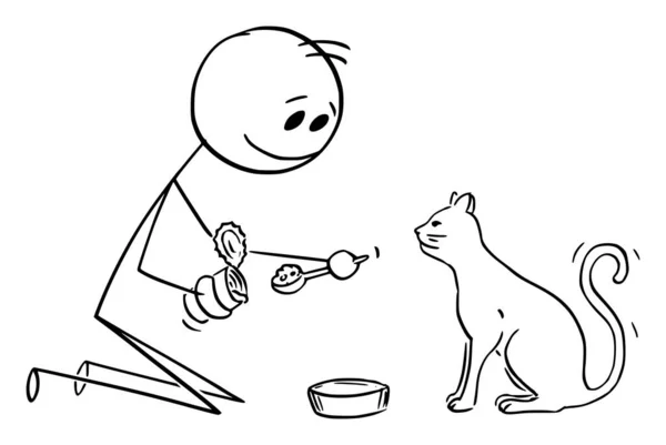 Personne nourrissant le chat domestique, illustration vectorielle de figure de bâton de dessin animé — Image vectorielle