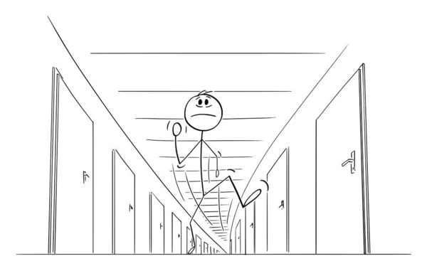 Person läuft mit Tür durch endlosen Korridor, Vector Cartoon Strichmännchen Illustration — Stockvektor