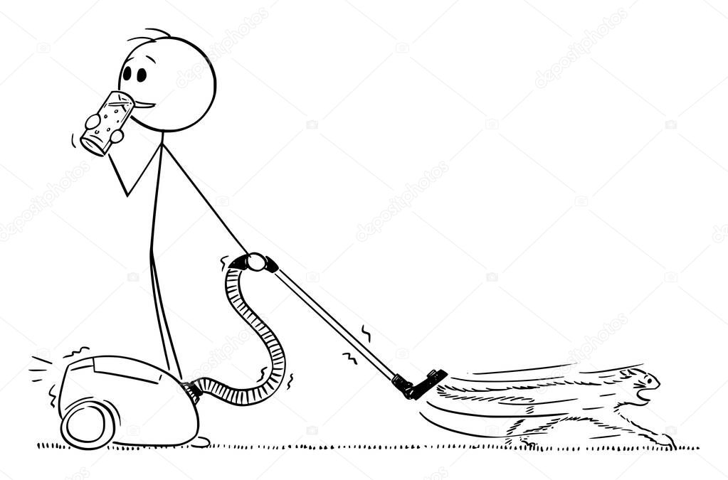 Vacuum Cleaner and Pet Cat , Vector Cartoon Stick Figure Illustration