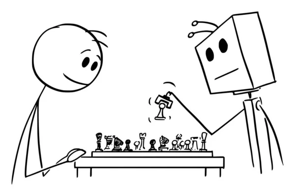 Pessoa Jogando Xadrez com Robô ou Inteligência Artificial, Vector Cartoon Stick Figura Ilustração — Vetor de Stock