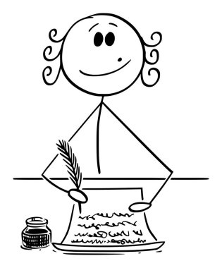 18. yüzyıl ya da Barok Şairi ya da Yazar Mürekkep ve Tüy ile Yazar, Vektör Çizim Çubuğu Çizimi